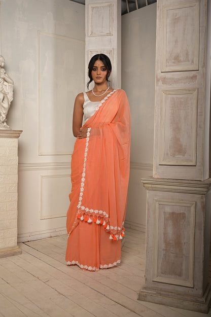 Cotton Saree With Stitched Lace Floral Embroidered Border