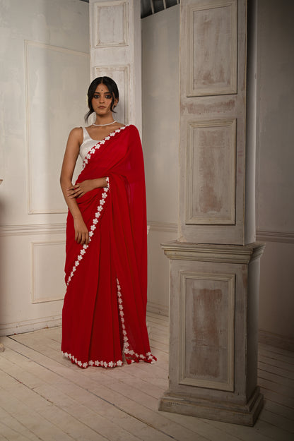 Cotton Saree With Stitched Lace Floral Embroidered Border