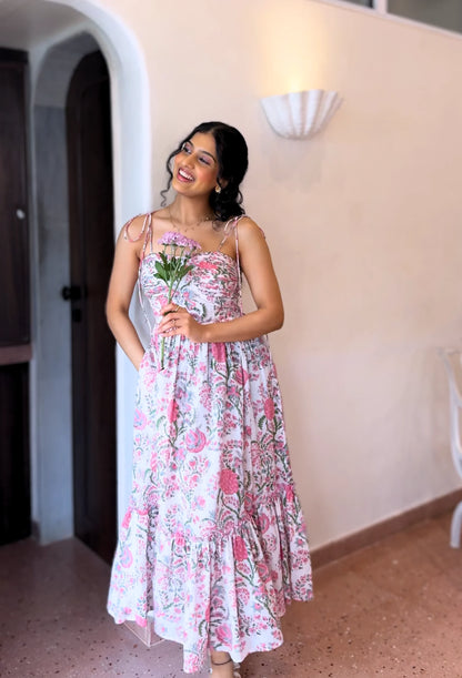 White And Pink Floral Maxi Tie-up Dress