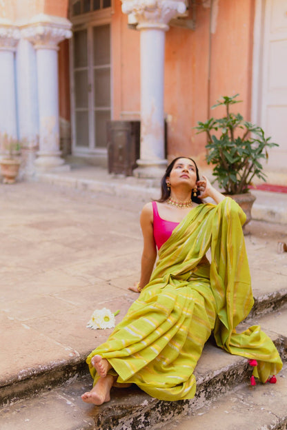 Gold & Silver Lurex Stripes Saree With Tassels