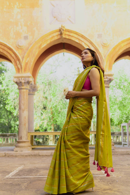 Gold & Silver Lurex Stripes Saree With Tassels