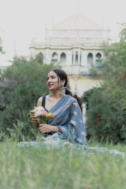 Gold & Silver Lurex Stripes Saree With Tassels