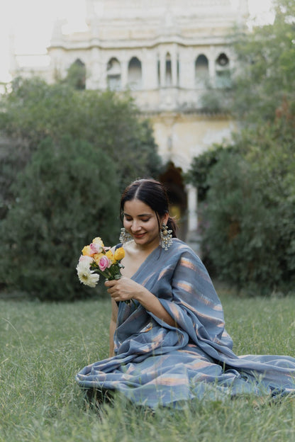 Gold & Silver Lurex Stripes Saree With Tassels