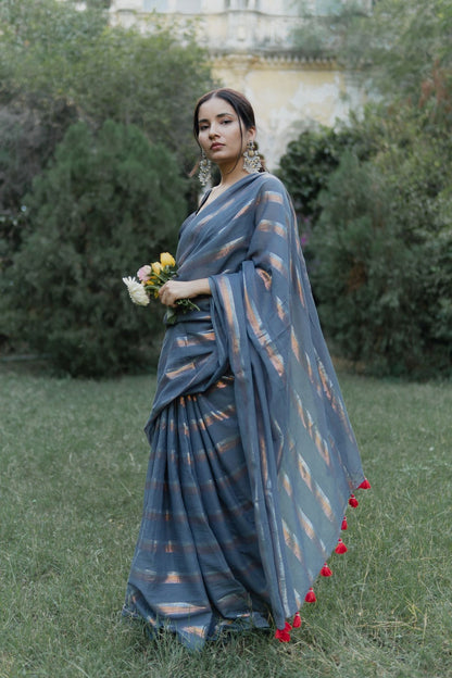 Gold & Silver Lurex Stripes Saree With Tassels