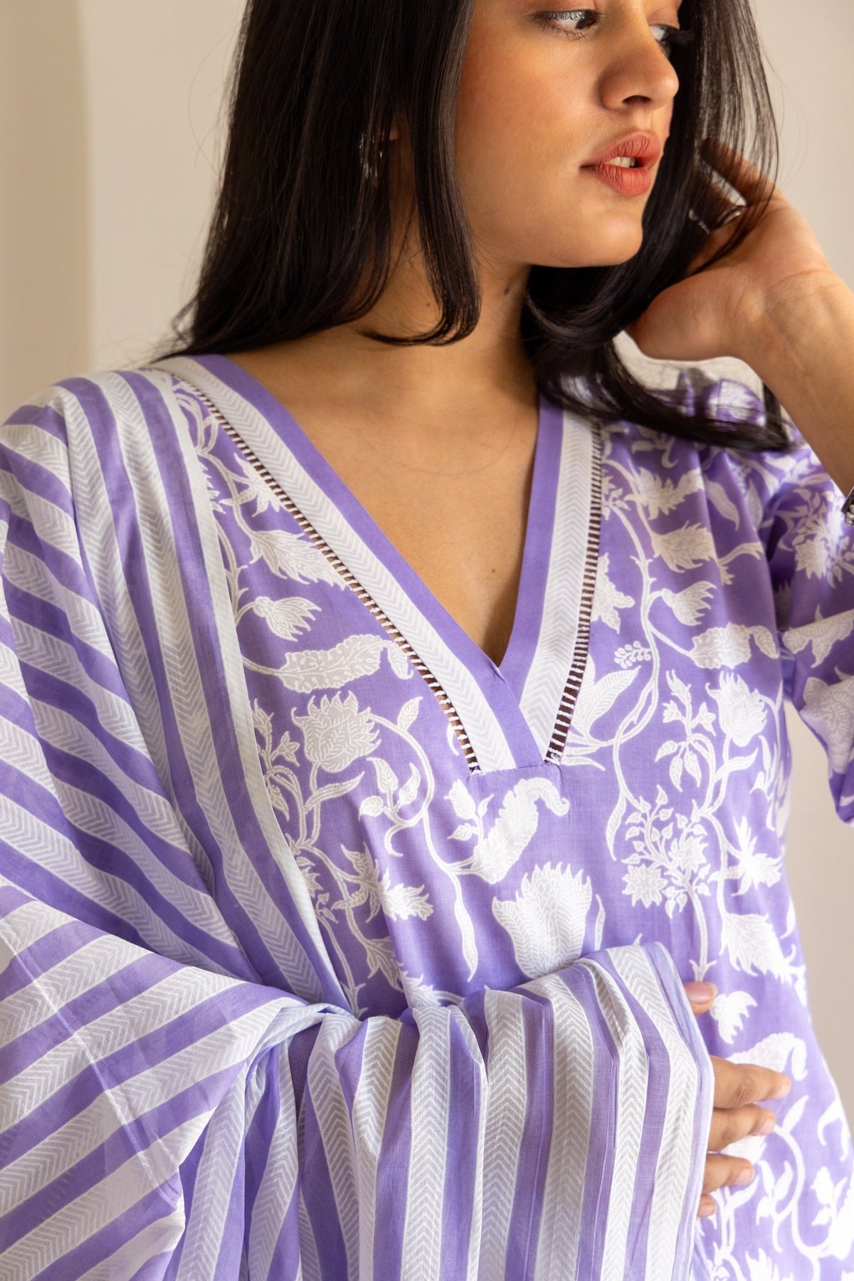 Lilac Block Printed Cotton Kurta Set