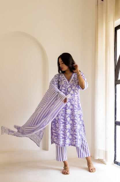 Lilac Block Printed Cotton Kurta Set