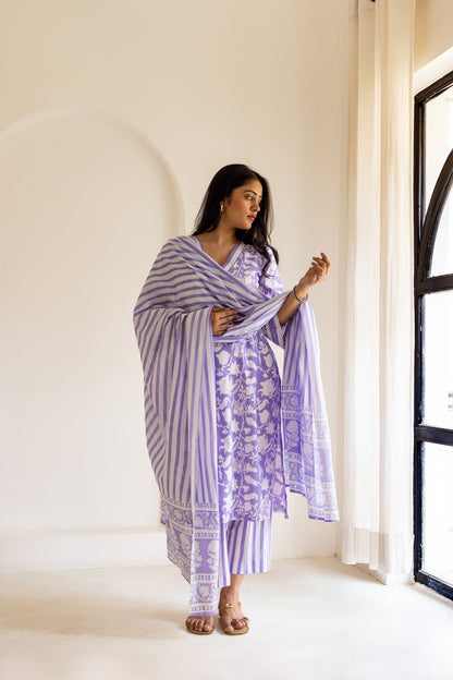 Lilac Block Printed Cotton Kurta Set