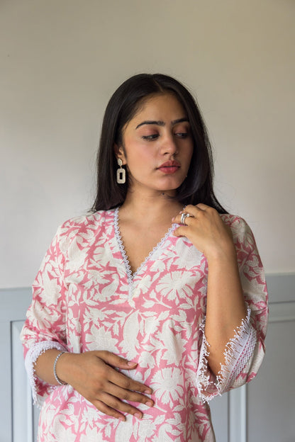 Petal Pink Block Printed Cotton Kurta Set With Pockets