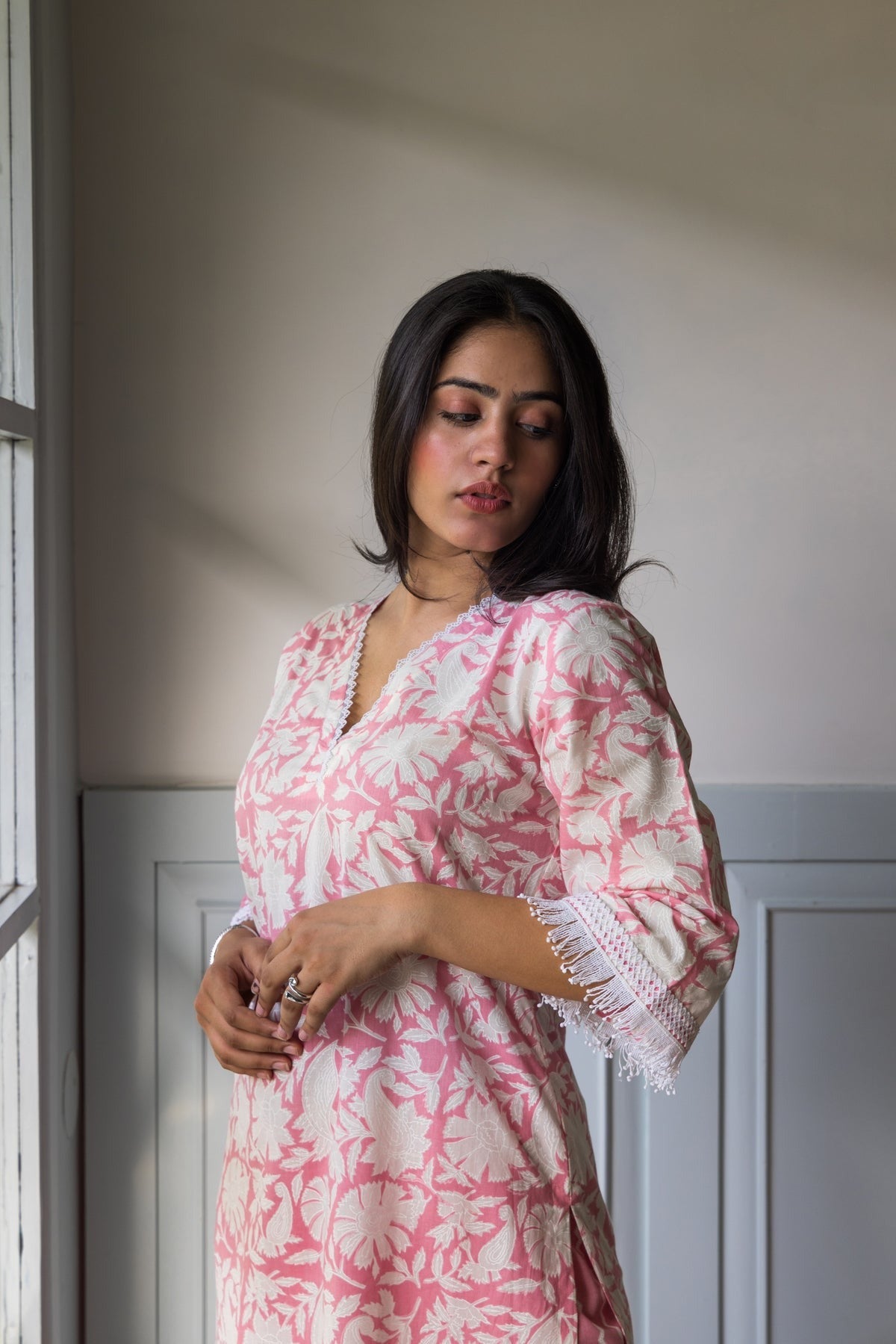 Petal Pink Block Printed Cotton Kurta Pants Set