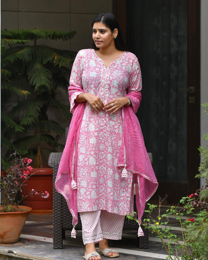 Pink Handblock Suit Set With Kota Doria Dupatta