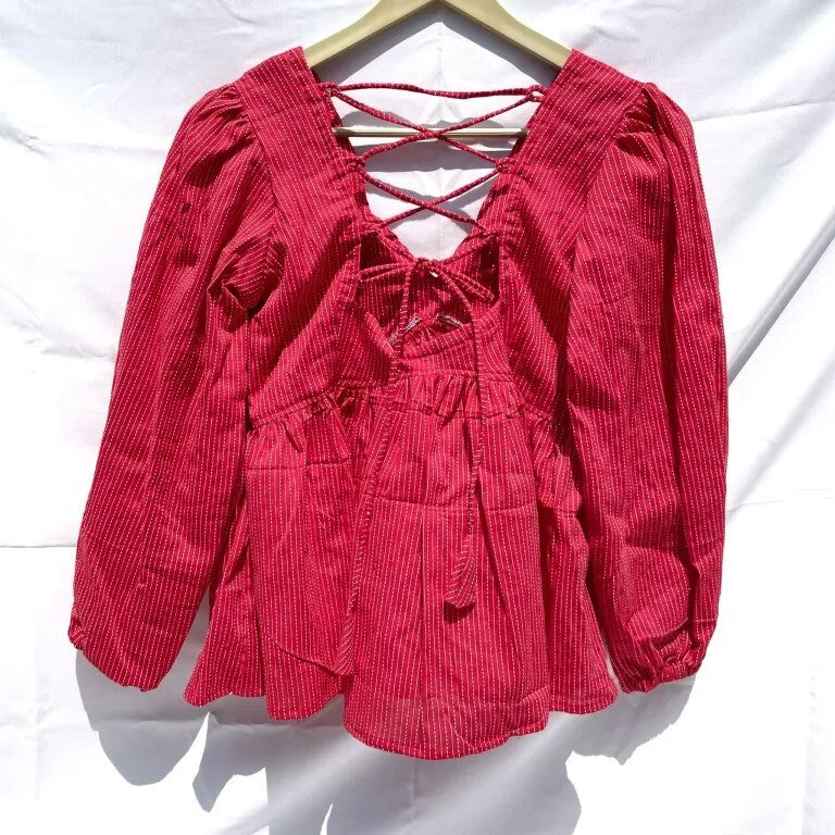 Red Katha Deep V Neck Cotton Top