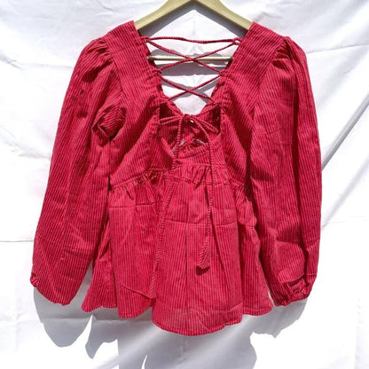 Red Katha Deep V Neck Cotton Top