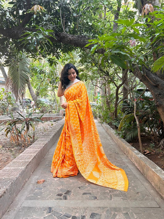 Sunset Aura Hand Block Printed Ready to Wear Pocket Saree