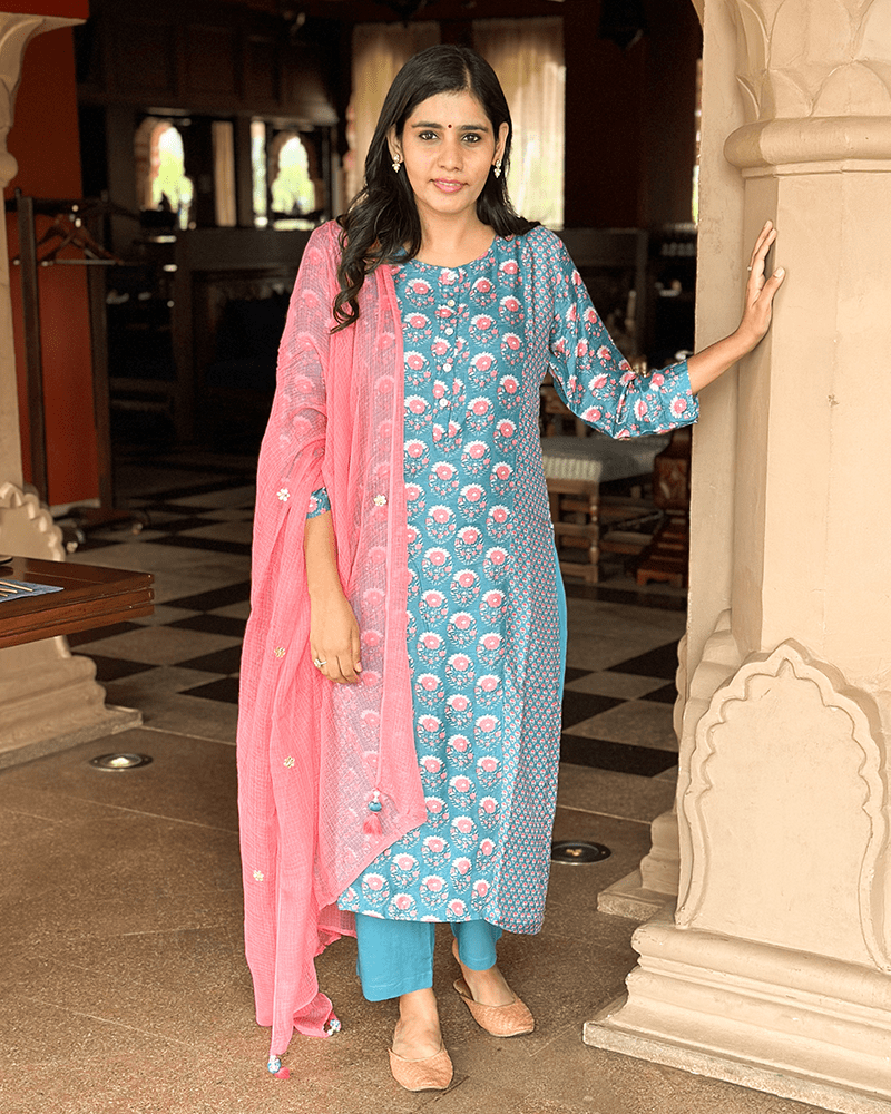 Teal Blue Printed Suit Set with Kota Doria Dupatta