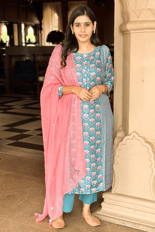 Teal Blue Printed Suit Set with Kota Doria Dupatta