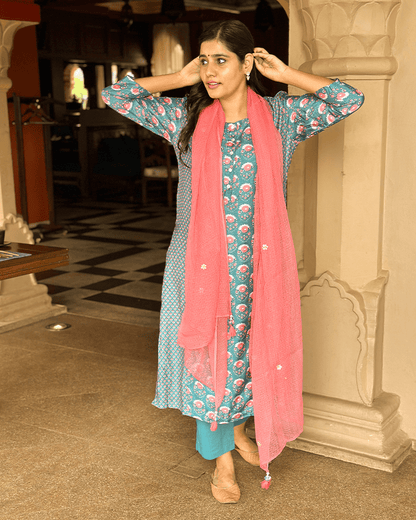 Teal Blue Printed Suit Set with Kota Doria Dupatta