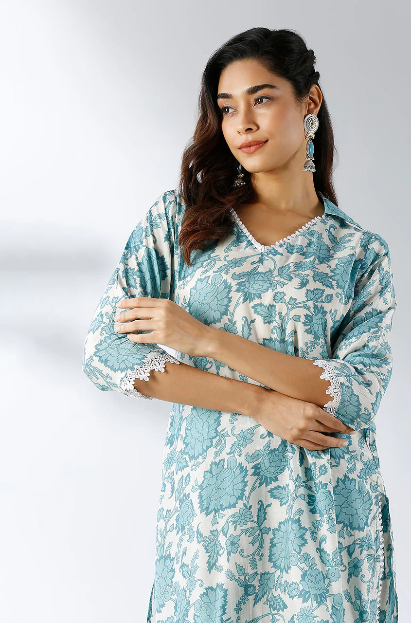 Collared Printed Two Piece Kurta Set