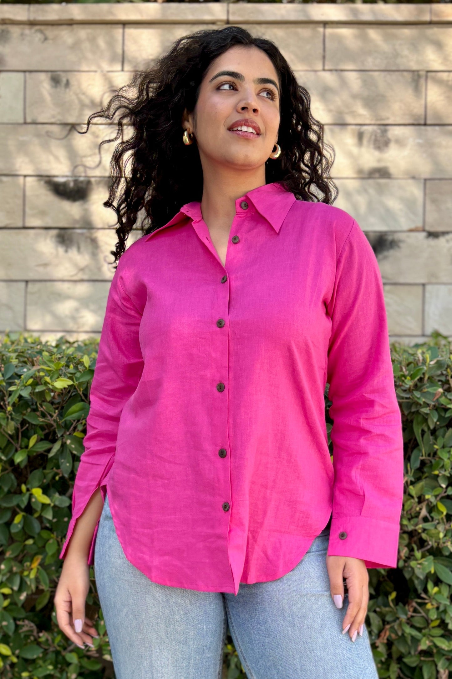 Rozana Linen Shirt- Hot Pink