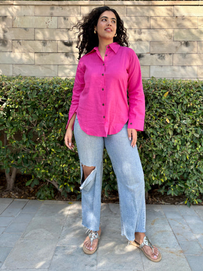 Rozana Linen Shirt- Hot Pink