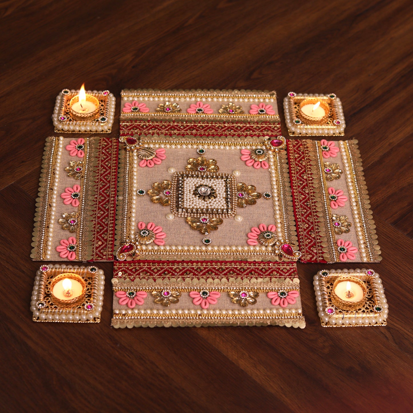 Pink & Gold Square Festive Rangoli