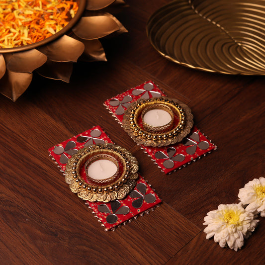 Red Mirror-work Festive Diya