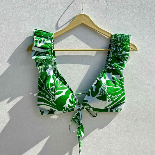 Green Abstract Floral Frill Cotton Bralette
