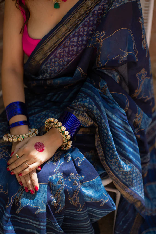 Shweta Pichwai Handblock Printed Silk Saree