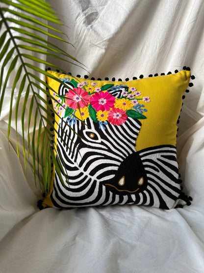 Pink Decor Embroidered Zebra Yellow Cushion Cover