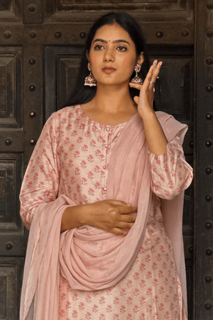 Blushing Pink Cotton Silk Handblock Suit Set