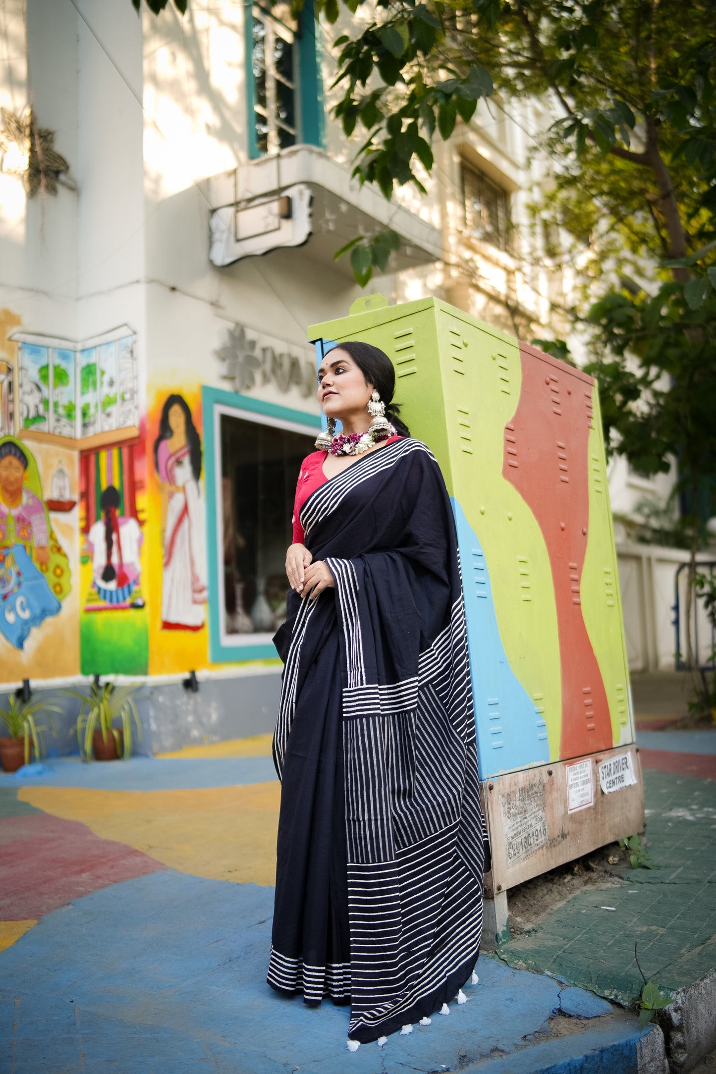 Coal Black Handblock Print Natural Dyed Mulmul Cotton Saree