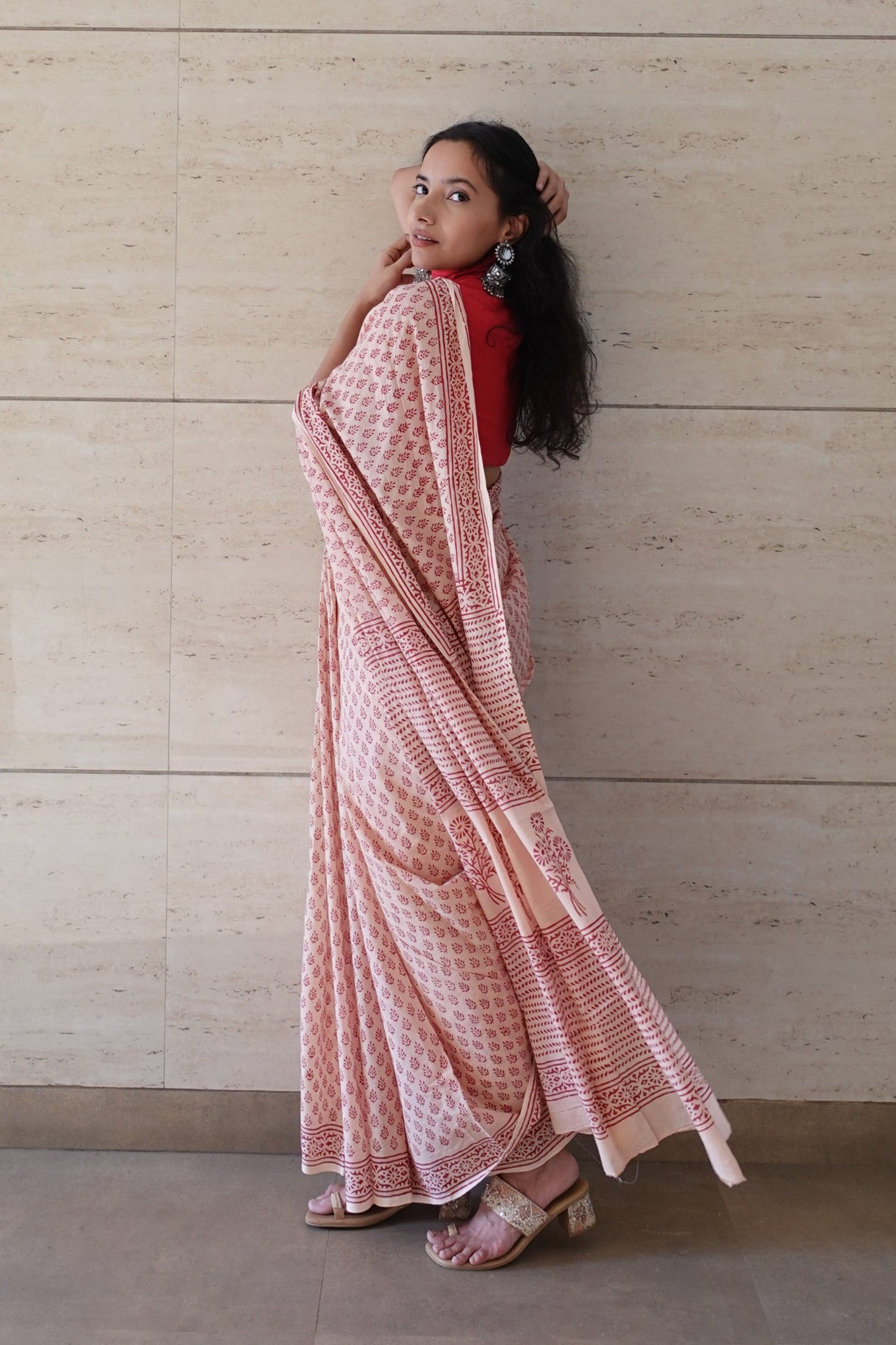 Earthy Essence Saree Handblock Print Natural Dyed - BeigeMulmul Cotton Saree