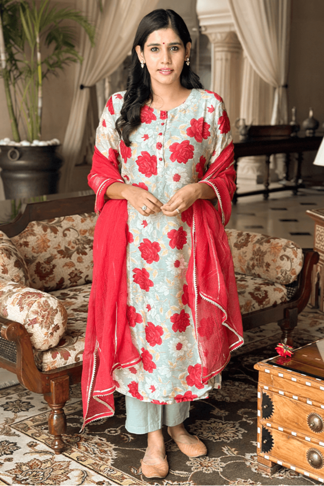 Mint Green Red Flower Print Suit Set