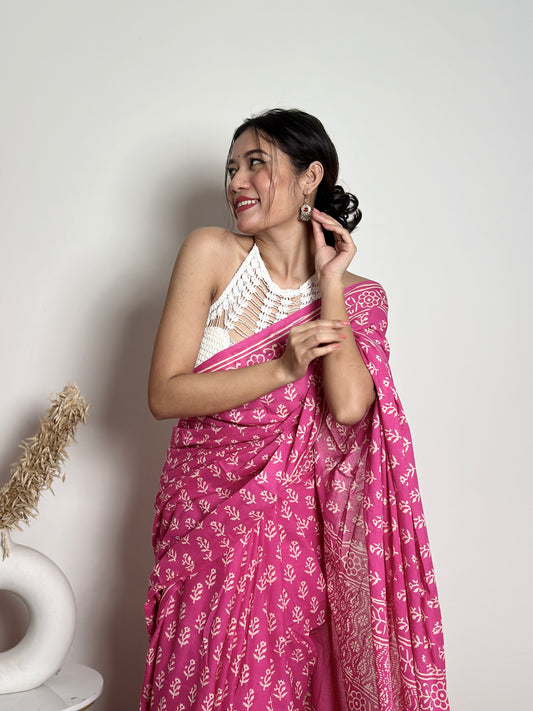 Pink Poppins Candy Handblock Print Natural Dyed Mulmul Cotton Saree