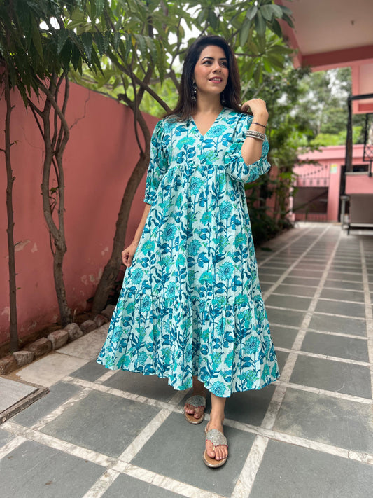 White & Turquoise Printed Zip dress