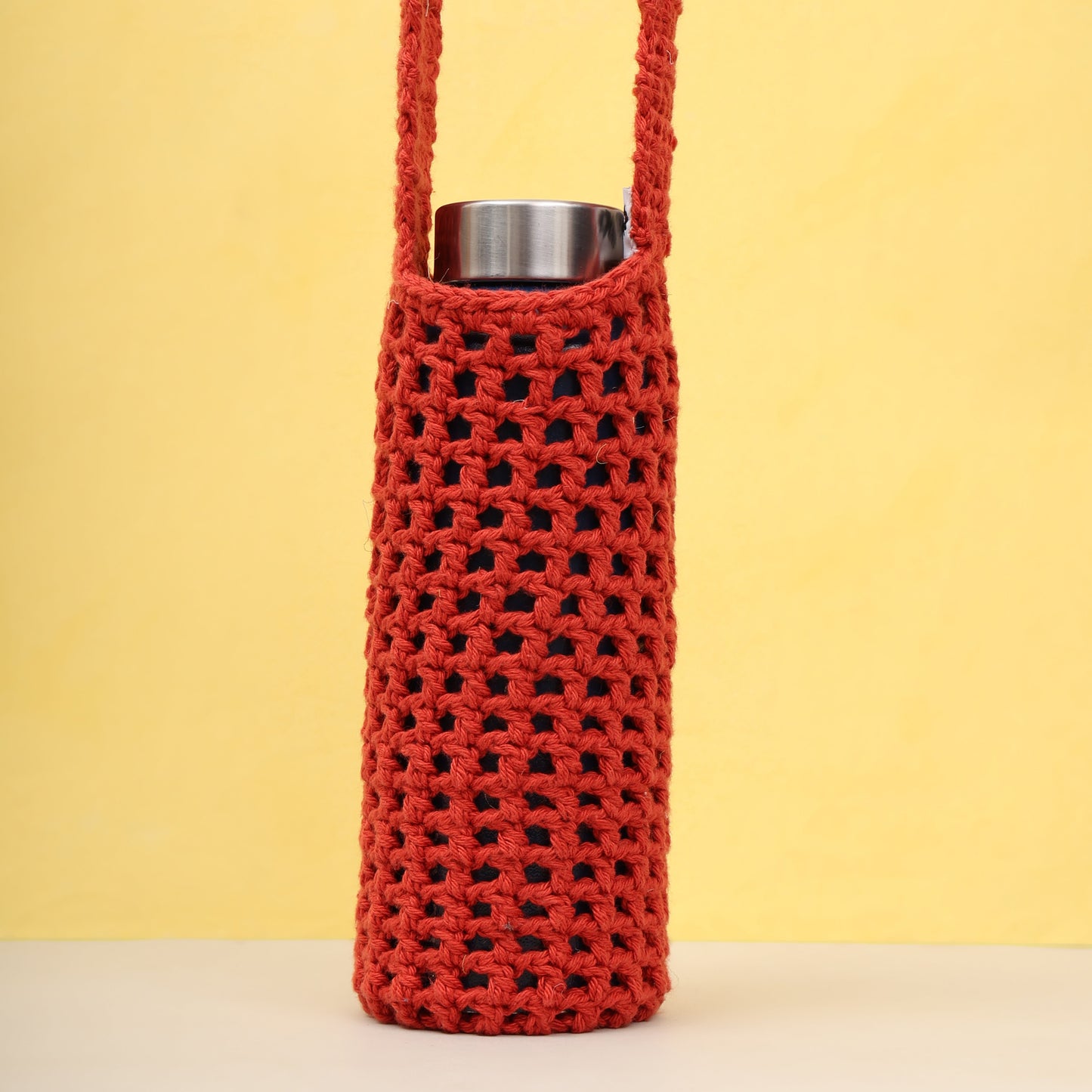 Checkered Crochet Water-Bottle Tote