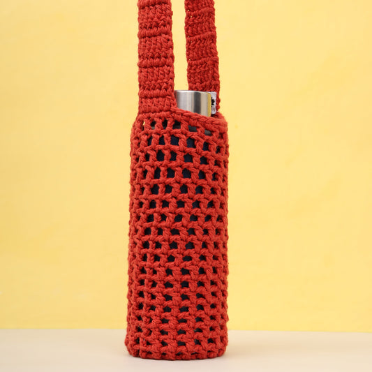 Checkered Crochet Water-Bottle Tote