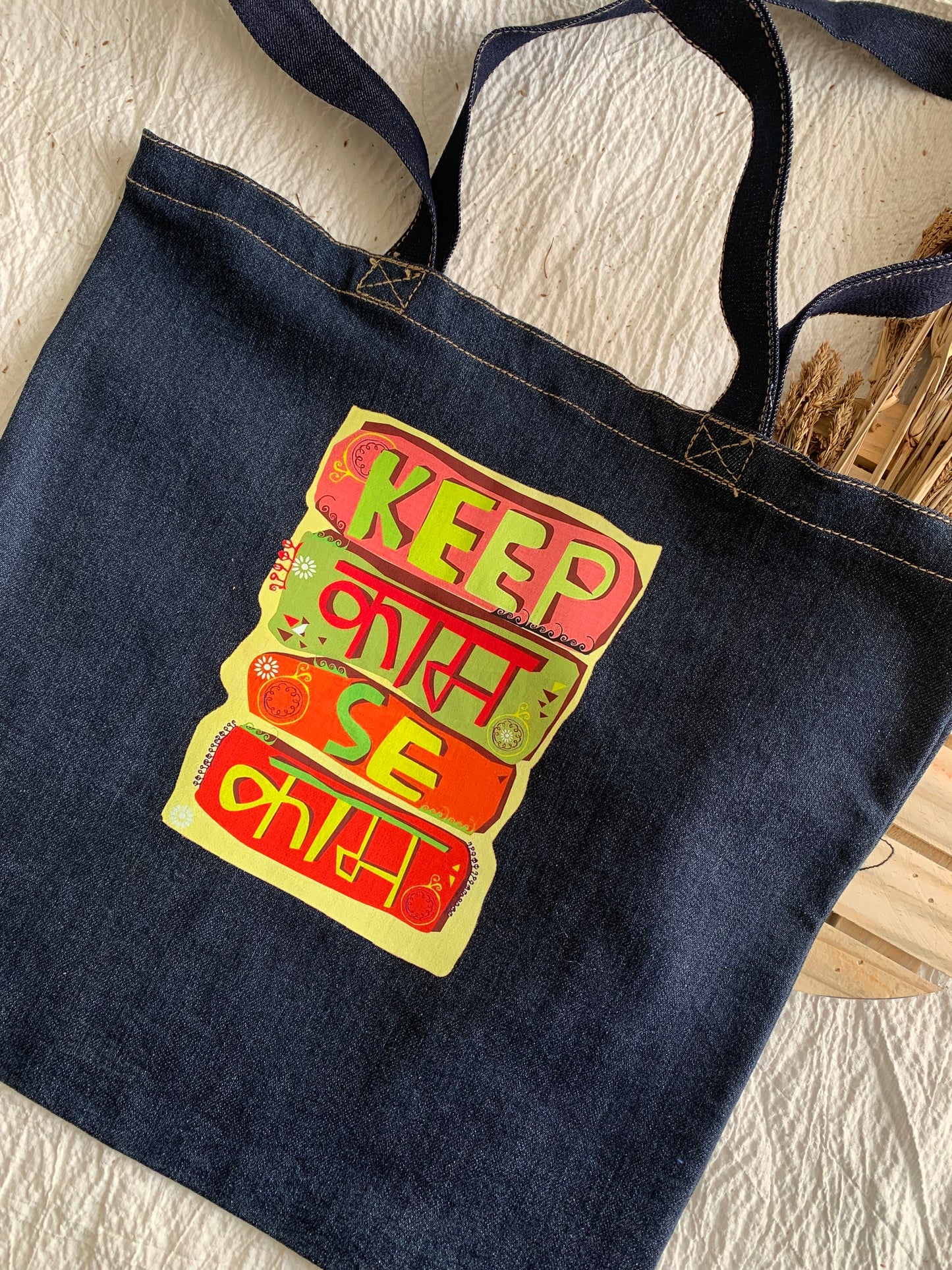 Keep Kam Se Calm Denim Printed Tote