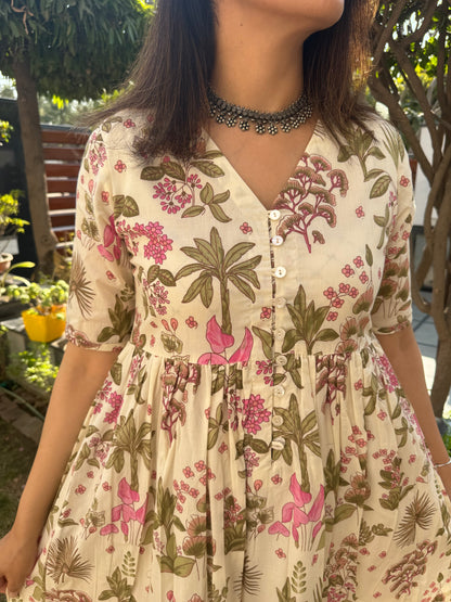 Cream Printed Cotton Dress