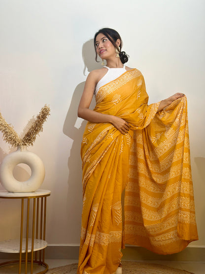 Basant Bloom - Handblock Print Natural Dyed - Mulmul Cotton Saree