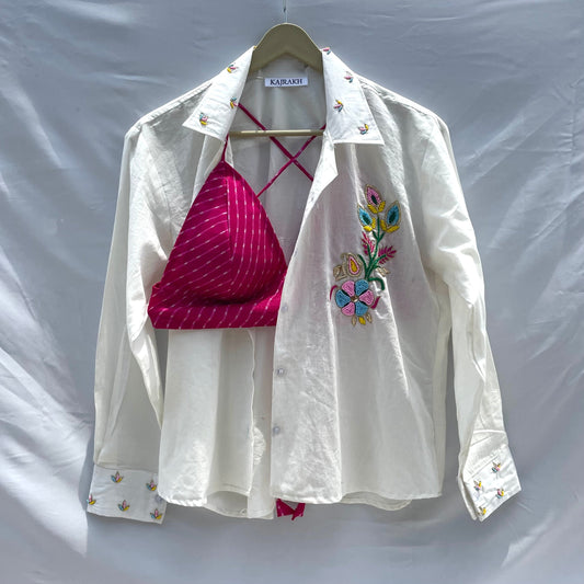 Embroidered Shirt with Pink Lehariya Bralette Combo