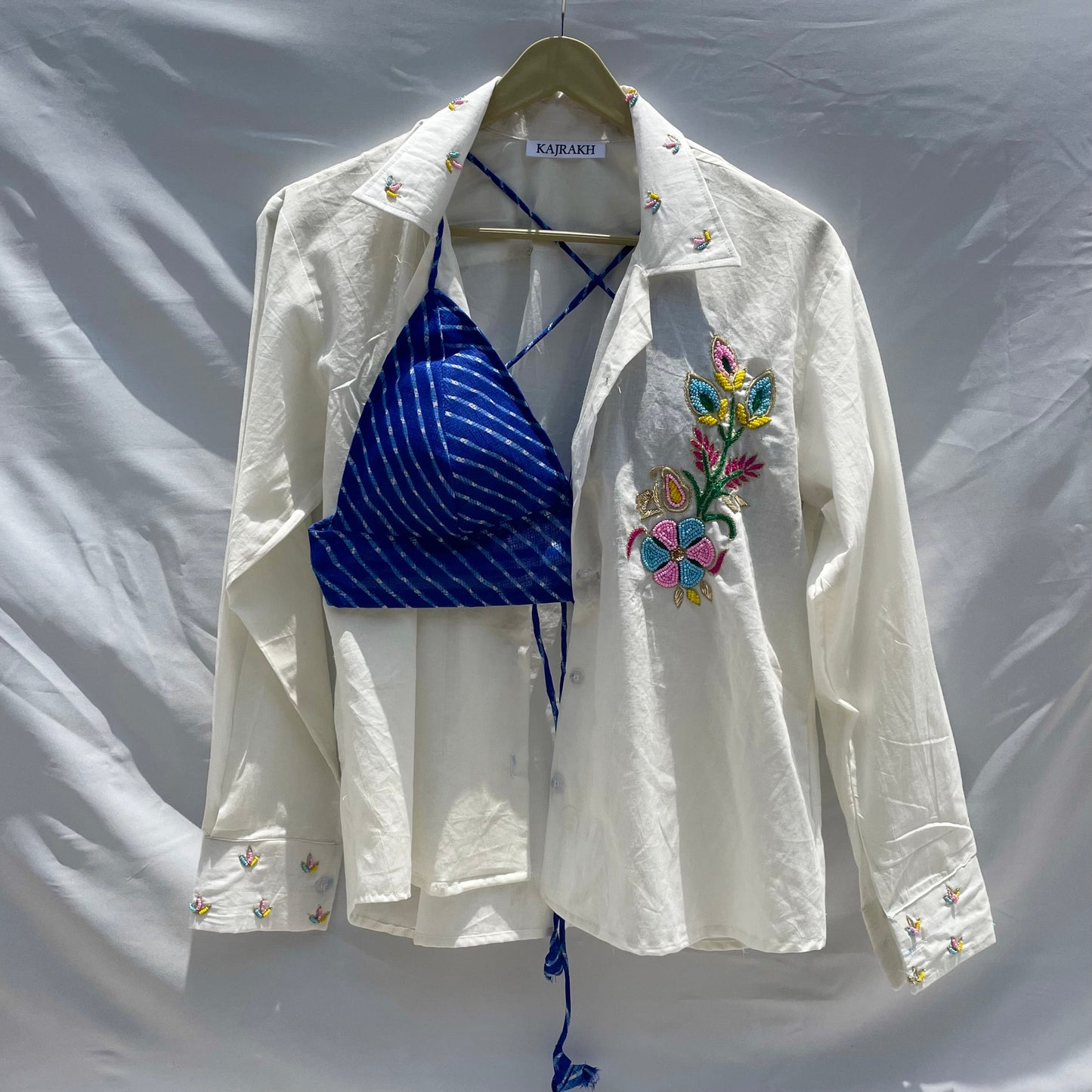 Embroidered Shirt with Blue Lehariya Bralette Combo