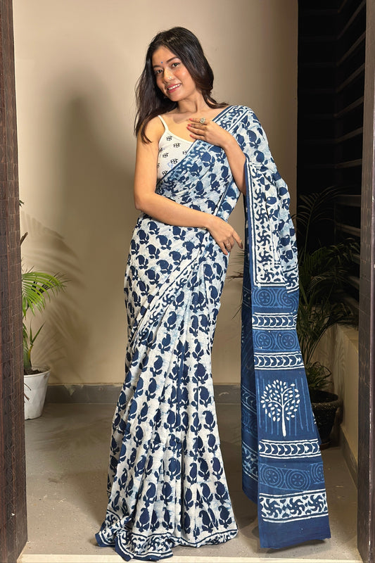 Inspired by Clouds Indigo Cotton Mulmul Dabu Saree