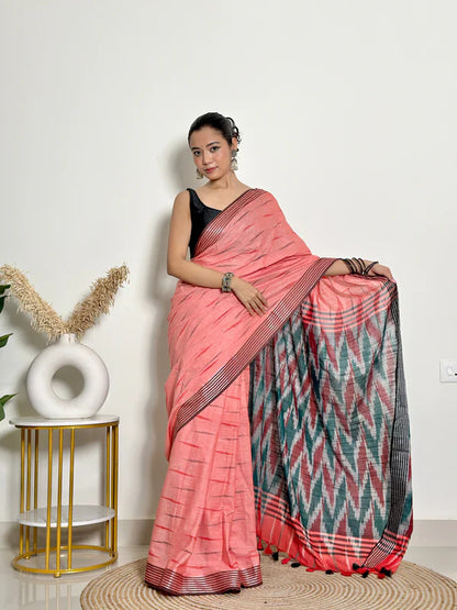 Ikat Natural Dyed HandCrafted Soft Linen Saree