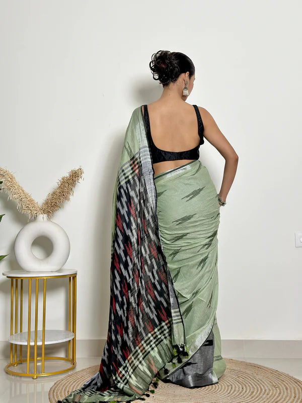 Ikat Natural Dyed HandCrafted Soft Linen Saree