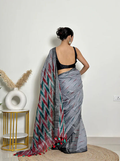 Ikat Natural Dyed HandCrafted Soft Linen Saree