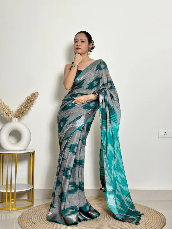 Ikat Natural Dyed HandCrafted Soft Linen Saree