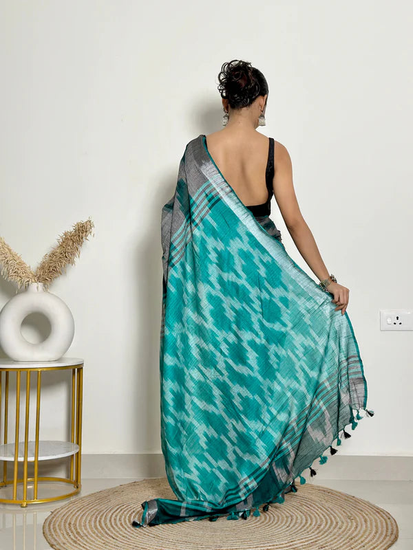 Ikat Natural Dyed HandCrafted Soft Linen Saree