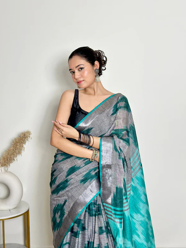 Ikat Natural Dyed HandCrafted Soft Linen Saree