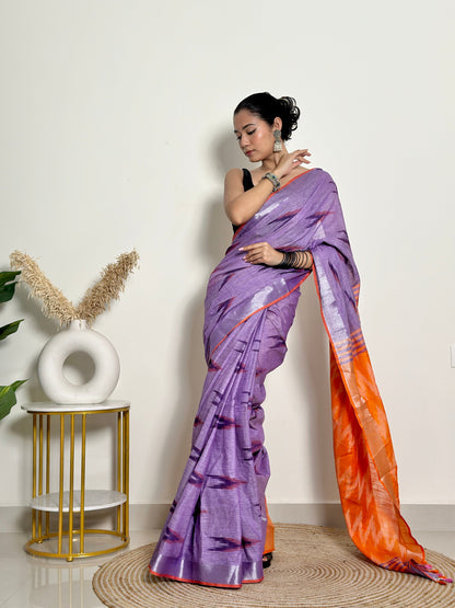 Ikat Natural Dyed HandCrafted Soft Linen Saree