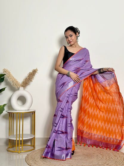 Ikat Natural Dyed HandCrafted Soft Linen Saree